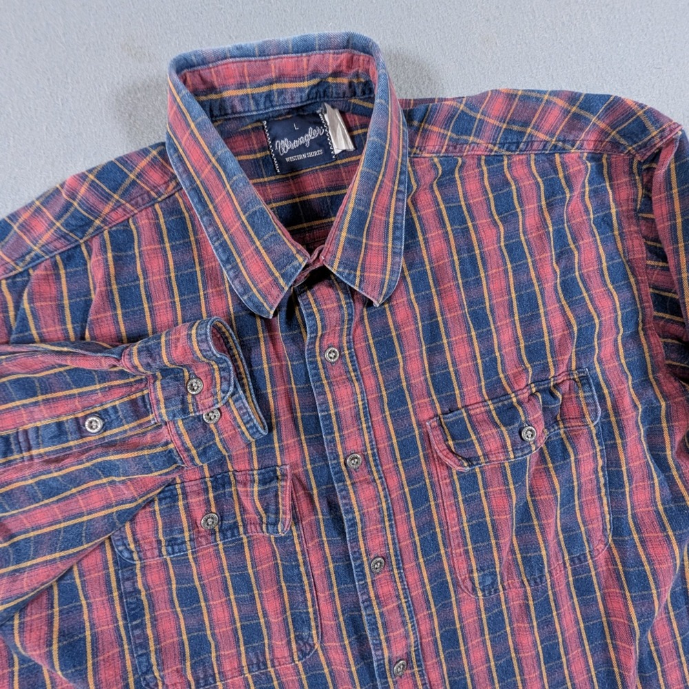 Wrangler Western Shirt Mens Large Red Blue Plaid Long Sleeve Button Down Vintage - Picture 1 of 7